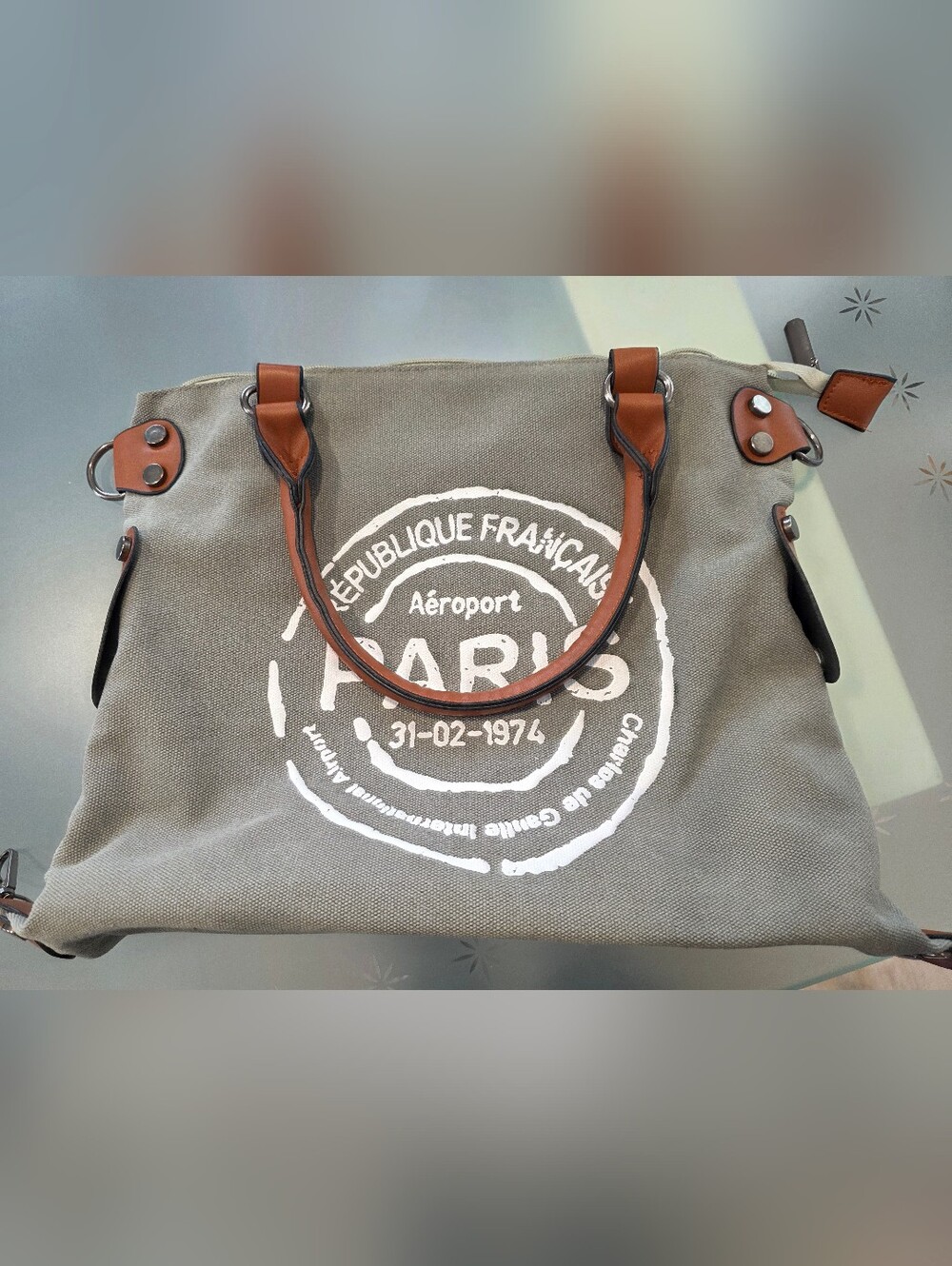 Canvas Paris Stamp Tote with Brown Trim